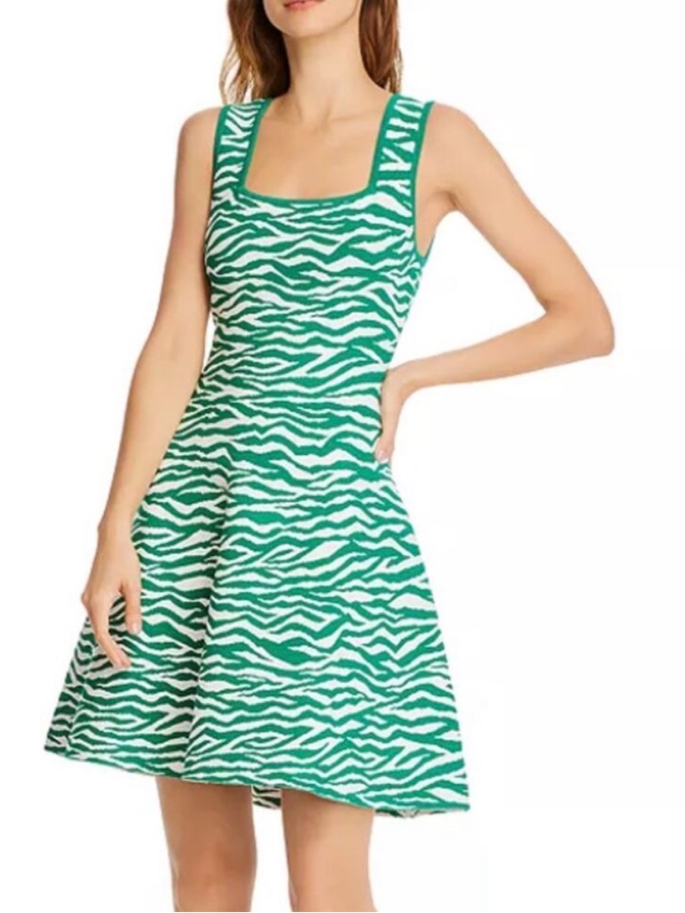 Milly Green and White Zebra-Striped Fit & Flare Dress